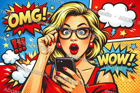 Surprised Pop Art Woman Holding Smartphone Comic Book Background