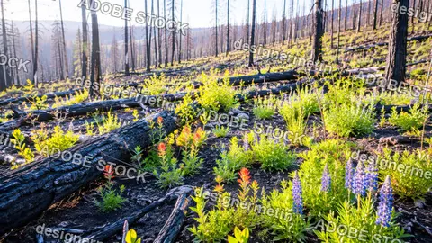 Wildflowers Blooming Among Burnt Logs In Charred Forest