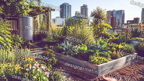 Rooftop Garden Growing Vegetables Urban City Skyline