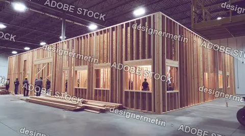 Workers Building Prefab Timber House Frame In Warehouse