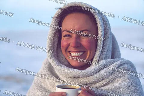 Exhilarated Woman Wrapped Towel Blanket Indoors