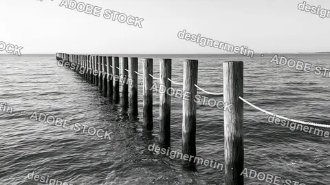 Wooden Posts Connected By Rope Extending Into Ocean