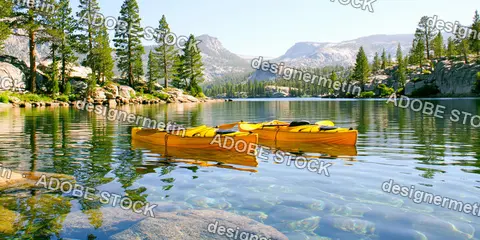 Yellow Kayaks Floating On Clear Mountain Lake