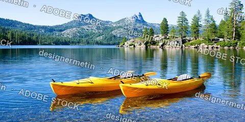 Yellow Kayaks Floating On Mountain Lake