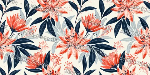 Seamless Coral Lily Flowers Navy Blue Leaves Pattern Cream Background
