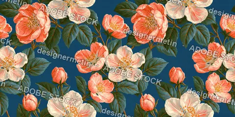 Seamless Pattern Peach White Blossoms Dark Blue Background