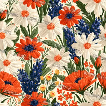 Seamless Floral Botanical Pattern Daisies Poppies Lavender