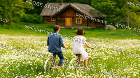Couple Riding Bicycles Through Flower Field Toward Wooden Cabin