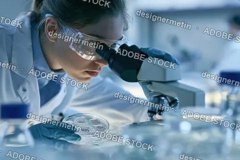 Female Scientist Using Microscope In Laboratory