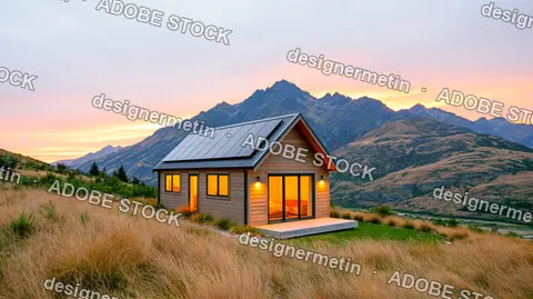 Modern Wooden Solar Cabin Mountain Meadow Sunset