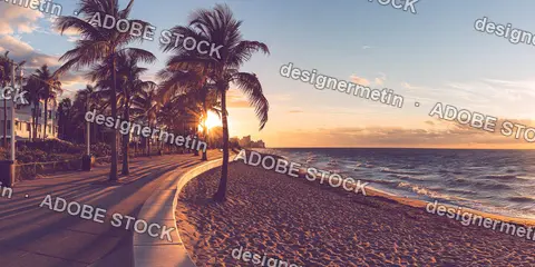 Palm Trees Lining Coastal Walkway At Sunset