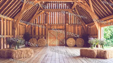 Rustic Wedding Barn Interior Decorated Fairy Lights Hay Bales