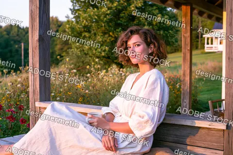 Woman Holding Mug Sitting On Porch At Sunset