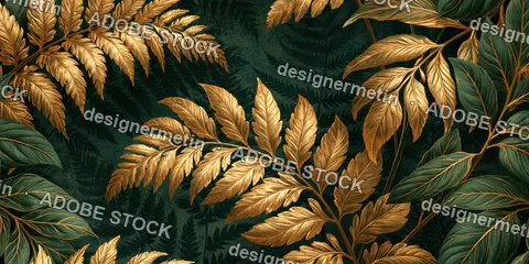 Gold Fern Leaves Botanical Foliage Dark Green Background