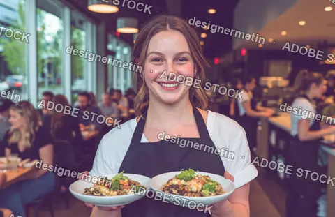 Smiling Waitress Holding Plates In Busy Restaurant Interior