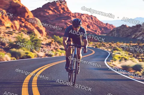 Cyclist Riding Road Bike On Winding Desert Highway