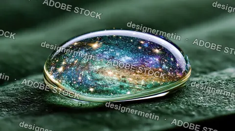 Galaxy Nebula Inside Water Droplet Resting On Green Leaf