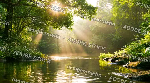 Sunbeams Filtering Through Canopy Over Misty River