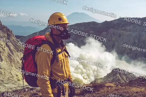 Man Wearing Gas Mask Standing Near Volcanic Crater