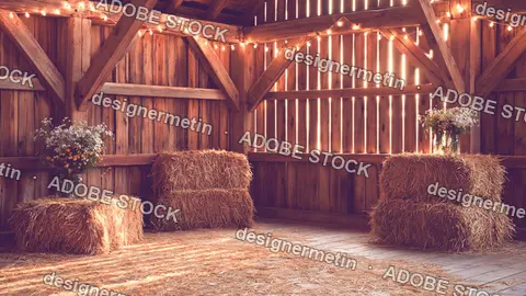 Rustic Barn Interior Decorated Hay Bales Floral Arrangements Lights