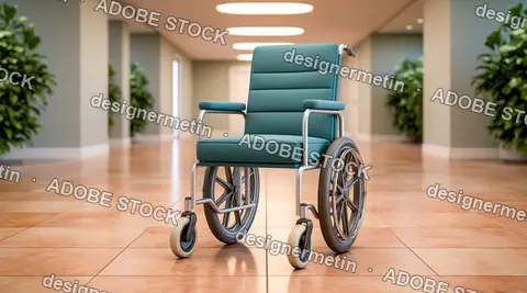 Teal Wheelchair Standing In Bright Hospital Hallway