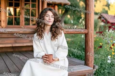 Woman Holding Mug Sitting On Wooden Porch