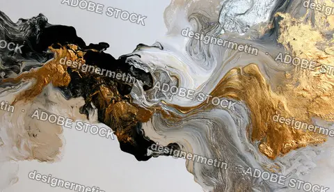 Abstract Gold Black Fluid Paint On White Canvas