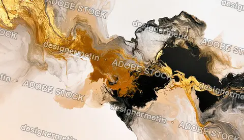 Abstract Fluid Gold Black White Marble Texture Painting