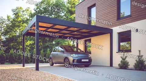 Grey Car Under Modern Carport In House Driveway