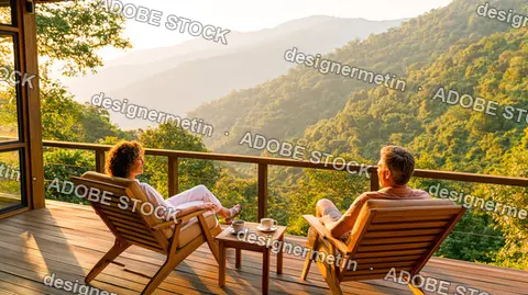 Couple Relaxing On Balcony Overlooking Mountain Forest