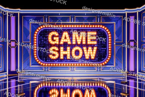 Game Show Marquee Sign Glowing In Blue Neon Studio