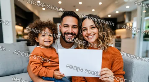 Happy Family Holding Blank White Sign Sitting Home