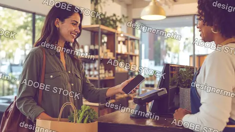 Woman Making Mobile Payment At Boutique Counter