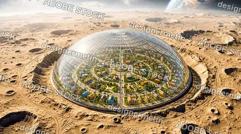 Lunar Colony Dome Settlement On Cratered Planetary Surface