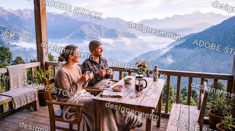 Couple Drinking Coffee On Mountain Balcony