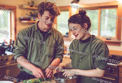 Young Couple Preparing Healthy Meal In Rustic Kitchen