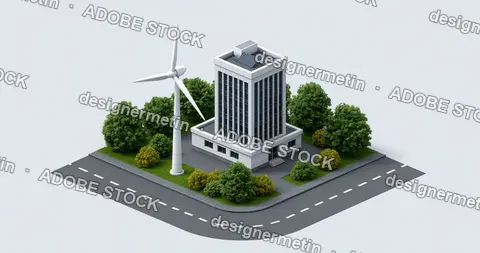 Sustainable Office Building Wind Turbine Solar Panels Street Corner