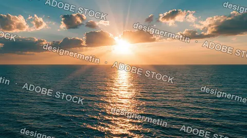 Golden Sun Rays Piercing Clouds Over Sea