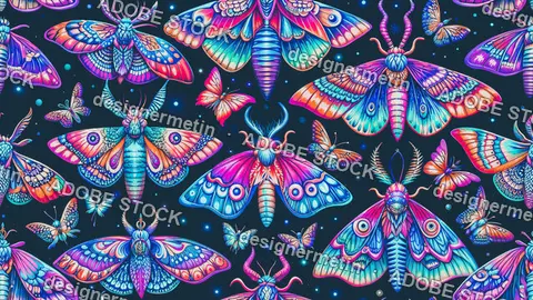 Colorful Moths Butterflies Seamless Pattern Dark Starry Background