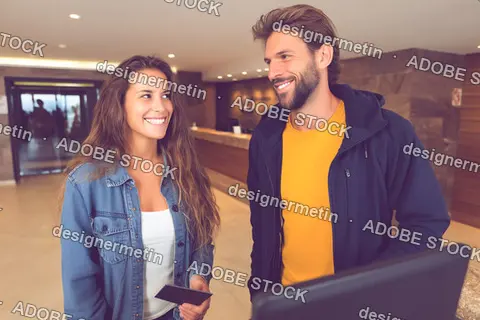 Smiling Couple Arriving At A High-End Boutique Hotel Reception Being Welcomed By Professional Staff In A Sunlit Elegant Lobby