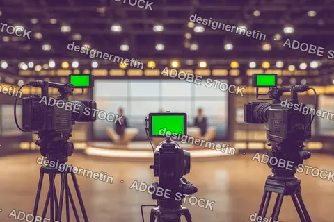Behind The Scenes Photo Of A Professional Tv News Studio With Cameras And Production Crew Working During A Live Broadcast In A High-Tech Environment.