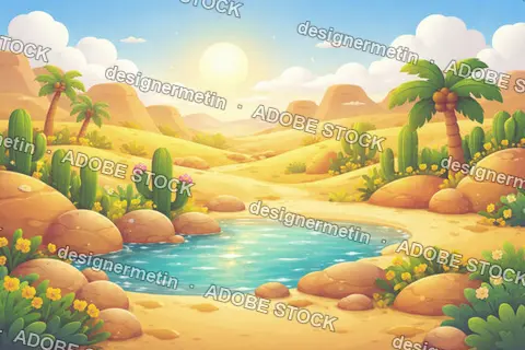 Vibrant Cartoon Desert Oasis With A Shimmering Blue Pond Surrounded By Blooming Cacti Palm Trees And Yellow Flowers Under A Bright Noon Sun