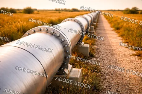 Industrial Steel Oil And Gas Pipeline Stretching Across A Vast Golden Meadow During Sunset With Warm Sunlight Reflecting Off The Metallic Surface
