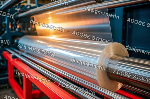 High-Speed Industrial Roller Winding Clear Plastic Packaging Film In A Factory Environment With Glowing Light Reflections On The Surface