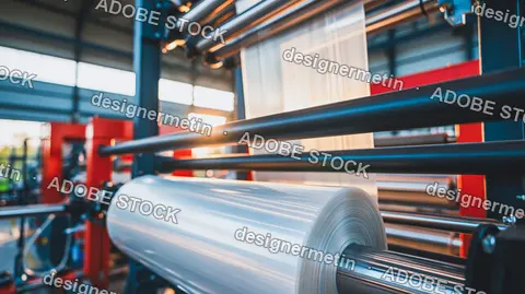 Automated Manufacturing Line Producing Clear Polyethylene Stretch Film On Heavy Duty Rollers In A Sunlit Industrial Warehouse Facility