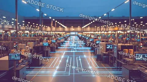 Advanced Smart Factory Floor With Glowing Digital Network Lines Connecting Automated Workstations And Monitoring Screens In A High-Tech Industrial Facility