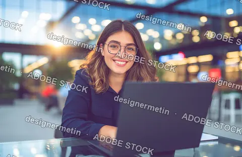 Smiling Young Woman With Glasses Working On A Laptop At A Modern Cafe Patio With Glowing Evening Bokeh Lights In The Background