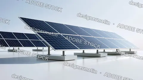 Blue Photovoltaic Solar Panels Mounted On Minimalist White Concrete Foundations Under A Bright Clear Sky For Sustainable Clean Energy Production