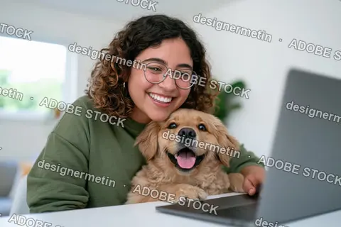 Happy Young Woman With Curly Hair And Glasses Hugging Her Cute Golden Retriever Puppy While Working On A Laptop In A Bright Home Office