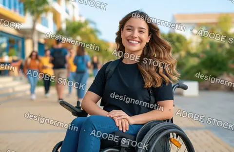 Smiling Young Woman In A Wheelchair Wearing A Backpack Happily Navigating A Sunny University Campus Walkway With Blurred Students In The Background